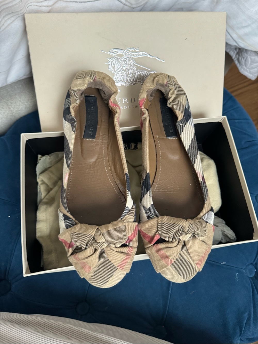 Burberry Beige Plaid Bow Ballet Flats with Pink Accent